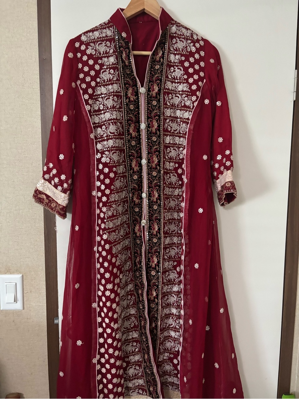 Embroidered Burgundy anarkali Long Women's Medium 3 pcs suit